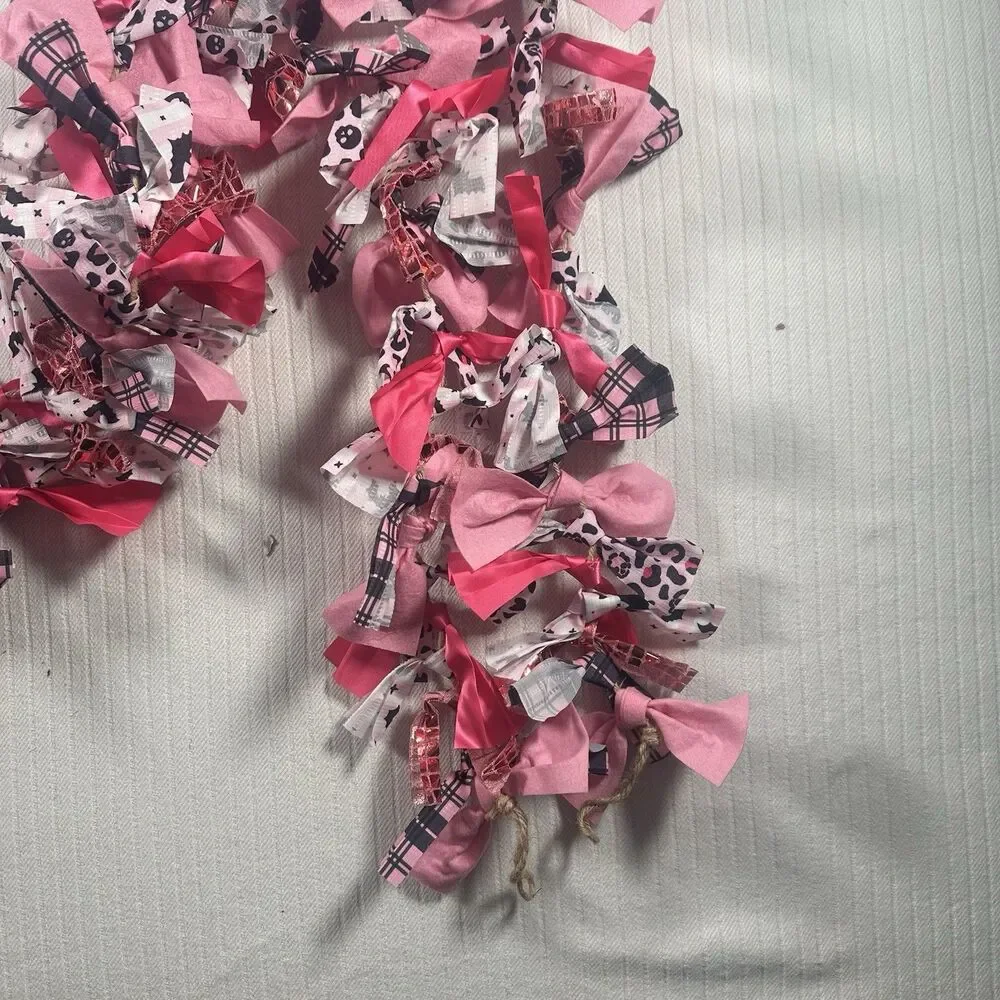 NWT Ashland Halloween Rag Tie Fabric Garland 6ft Pink Skulls Plaid Pastel Goth